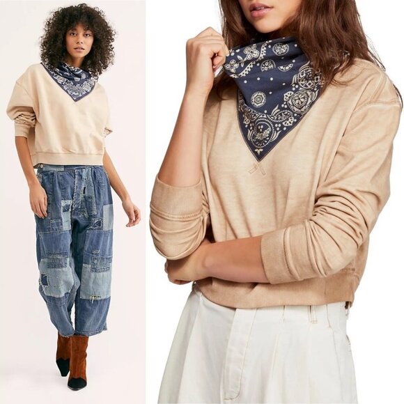 NWT Free People James Bandana Sweatshirt Cream Blue Size Small New With Tag Boho - Picture 3 of 7